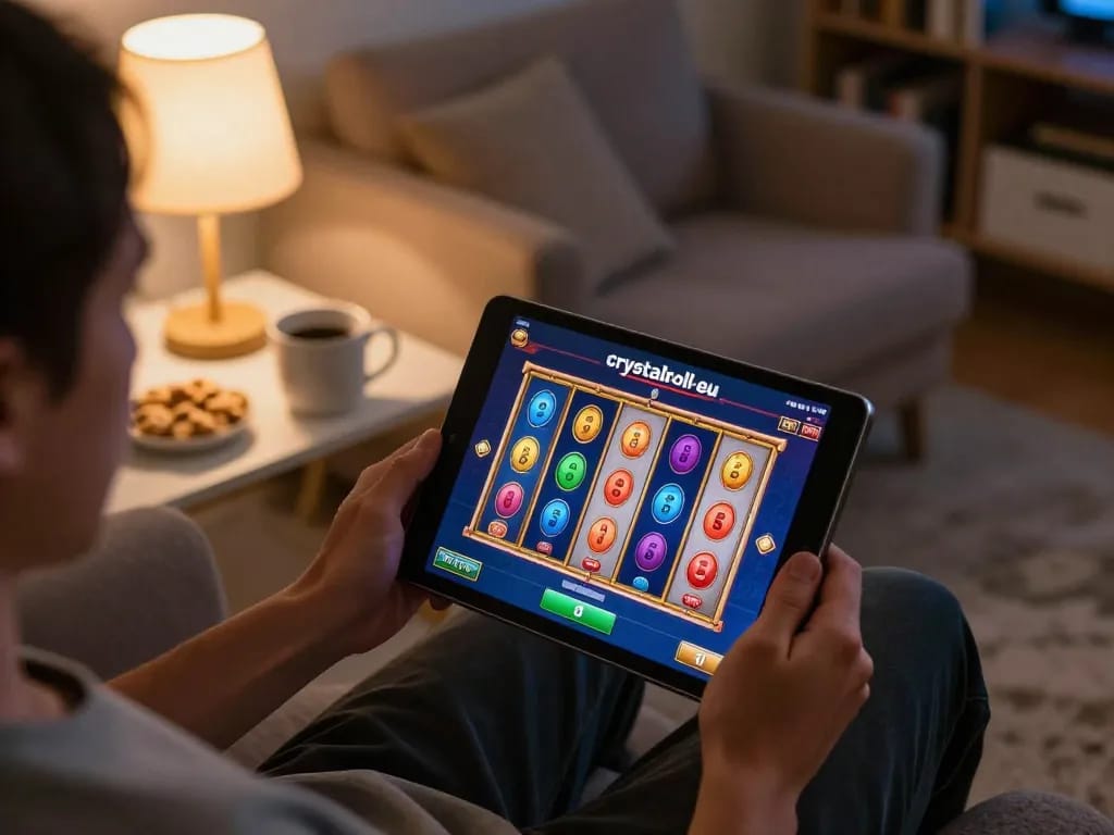 Speler geniet van online gamen bij crystalroll-eu met spannende gokkastvisuals in een gezellige thuisomgeving