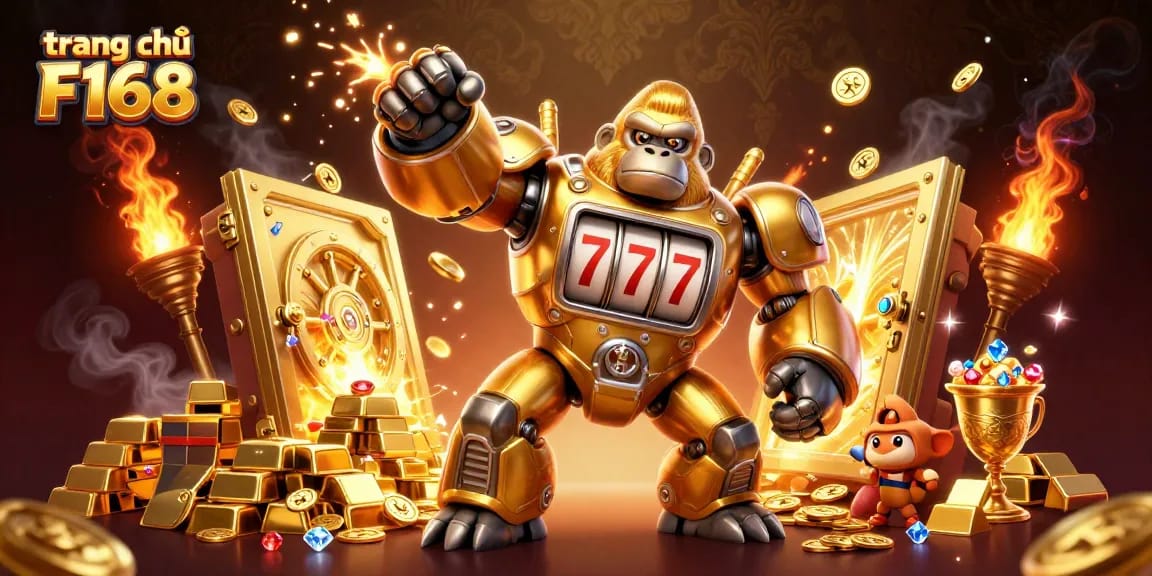 Experience the excitement of trang chủ F168 with a dynamic scene featuring a golden gorilla mech and a treasure vault bursting with riches.