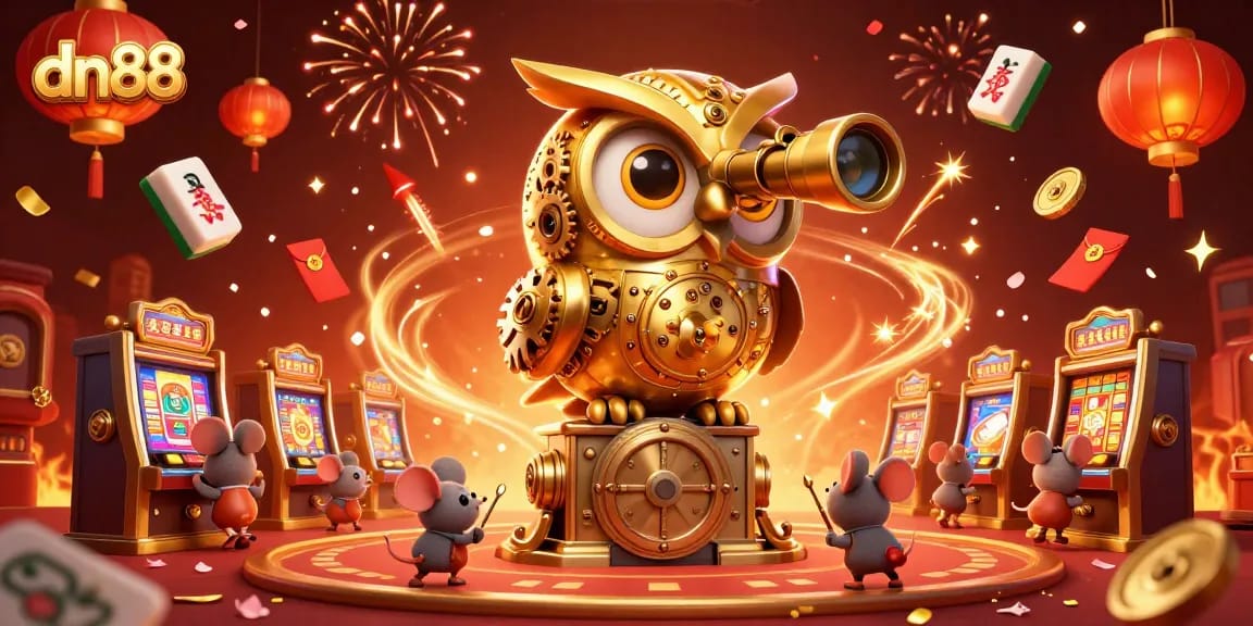 Experience thrilling gaming at dn88 with a grand clockwork owl overlooking a vibrant casino atmosphere.