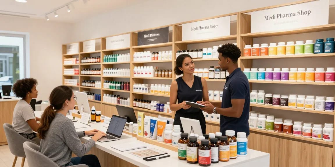 Fesselnde Einkaufsszene im Medi Pharma Shop mit fachkundigem Personal, das Kunden in einem modernen Wellness-Geschäft unterstützt.