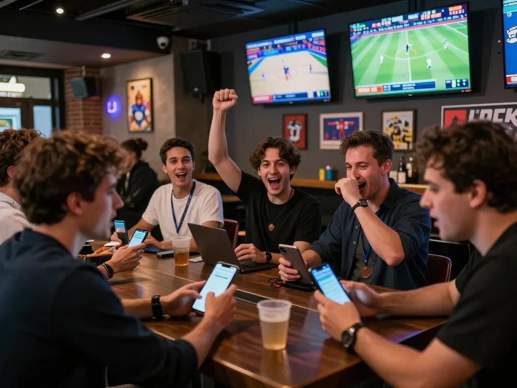 Crowd cheering for their bets at Crown88 sports betting bar, showcasing a lively atmosphere and excitement.