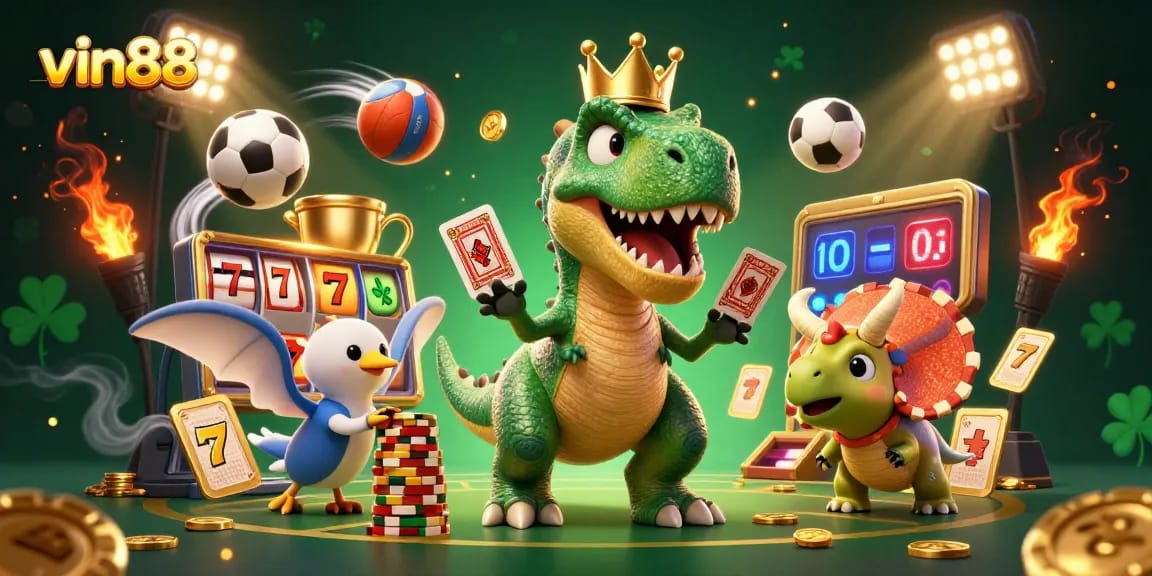 vin88 gaming excitement featuring a T-Rex dealing cards, surrounded by dynamic slot elements and sports balls.
