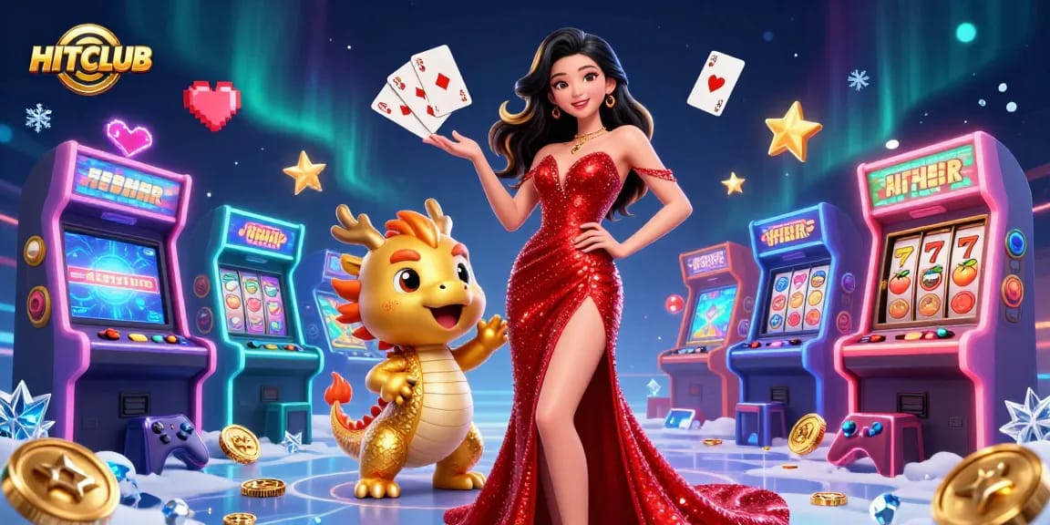 Engaging HITCLUB illustration featuring a stunning Asian woman in a red gown with gaming elements representing a vibrant online casino.