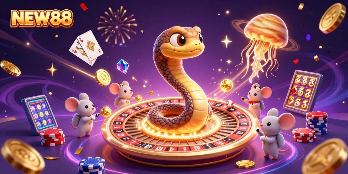 Place bets with NEW88 on a cosmic roulette scene featuring astronaut mice and a golden jellyfish dealer.