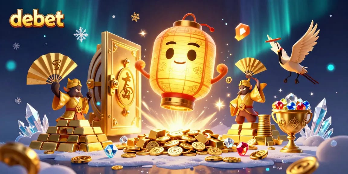 Experience thrilling wins with debet at a bustling casino featuring a golden lantern spirit and treasure.