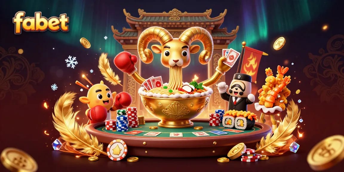 Play exciting poker with fabet's giant ramen bowl dealer amidst vibrant casino elements.