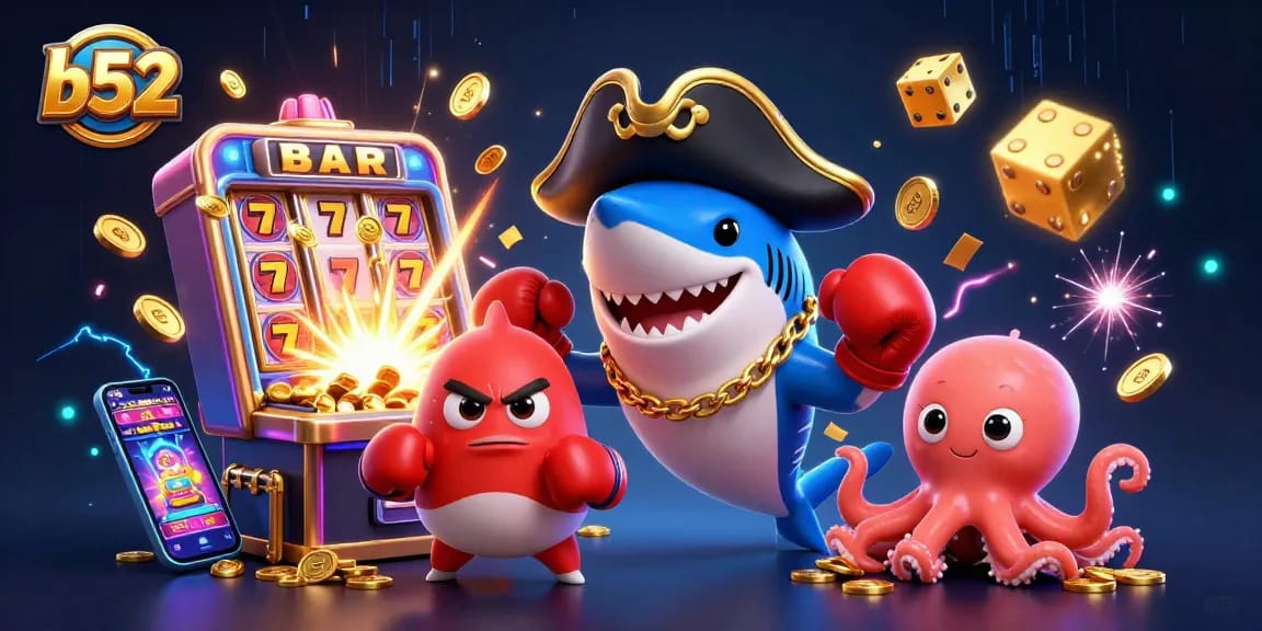 Enjoy thrilling gameplay at b52 with a pirate shark and casino elements in a colorful 3D scene.