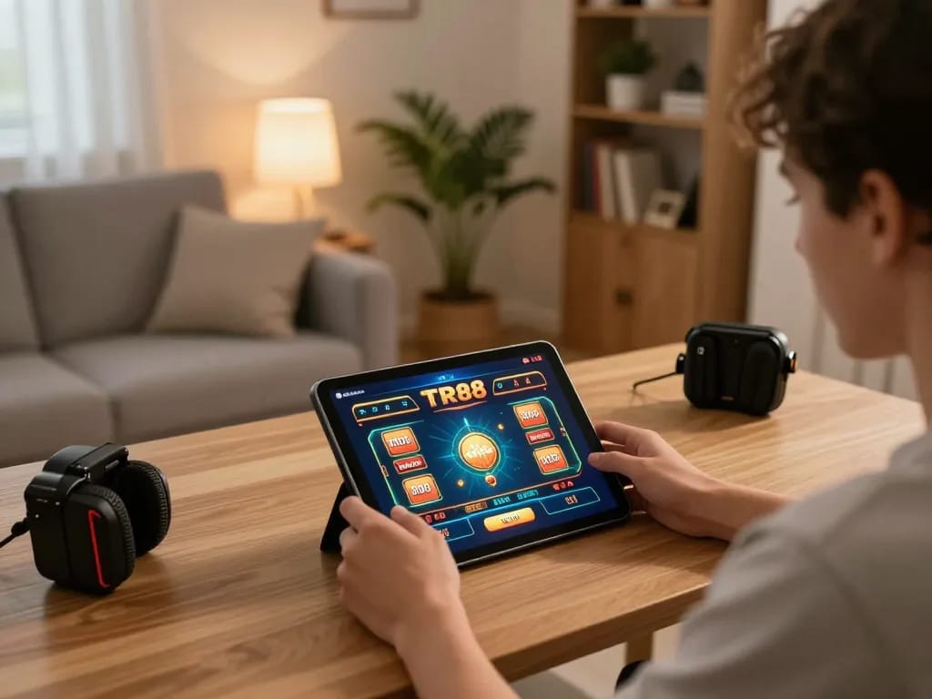 Person enjoying TR88 online casino gaming session on tablet in cozy home setting