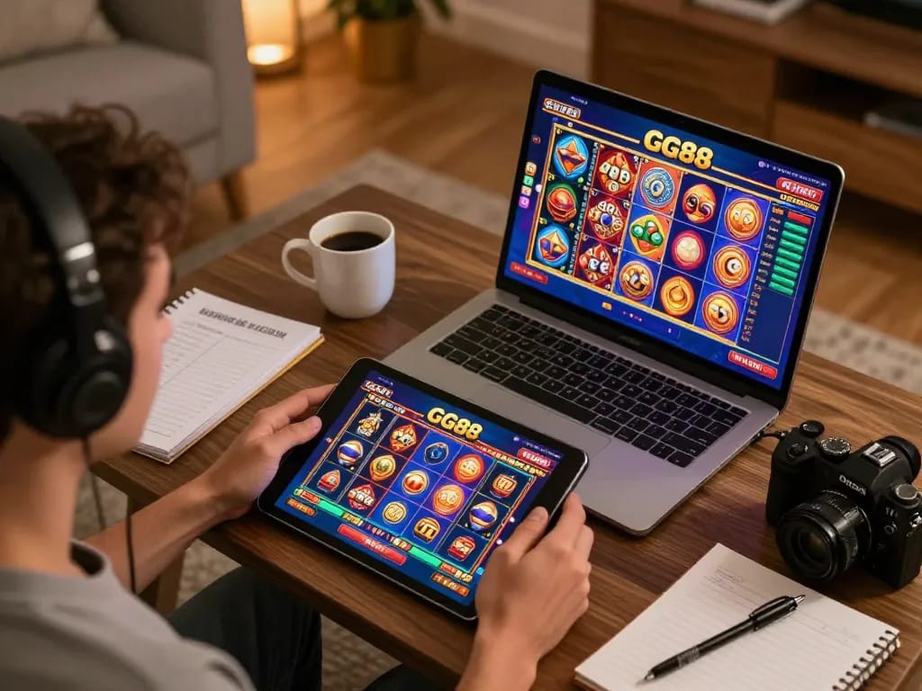 Engaged gamer enjoying the GG88 casino app on a tablet during an online session