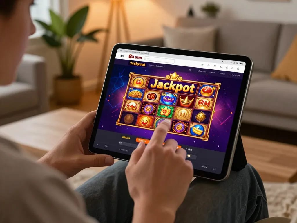 Engaging user playing ok win slot game on tablet at home in a cozy environment