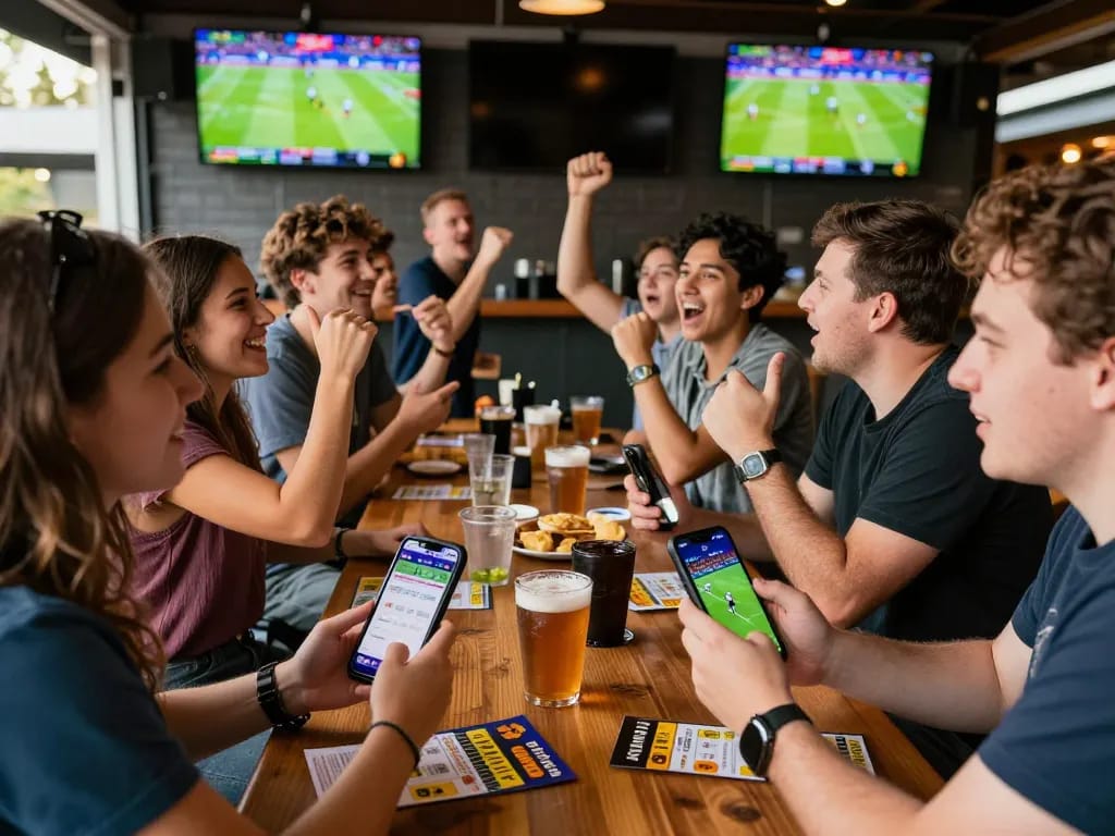 Fans celebrating while using the 79win app to place bets at a bustling sports bar