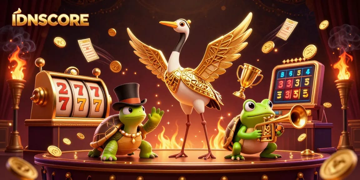 Experience excitement and rewards with IDNSCORE's colorful slot game atmosphere filled with golden jackpot elements.