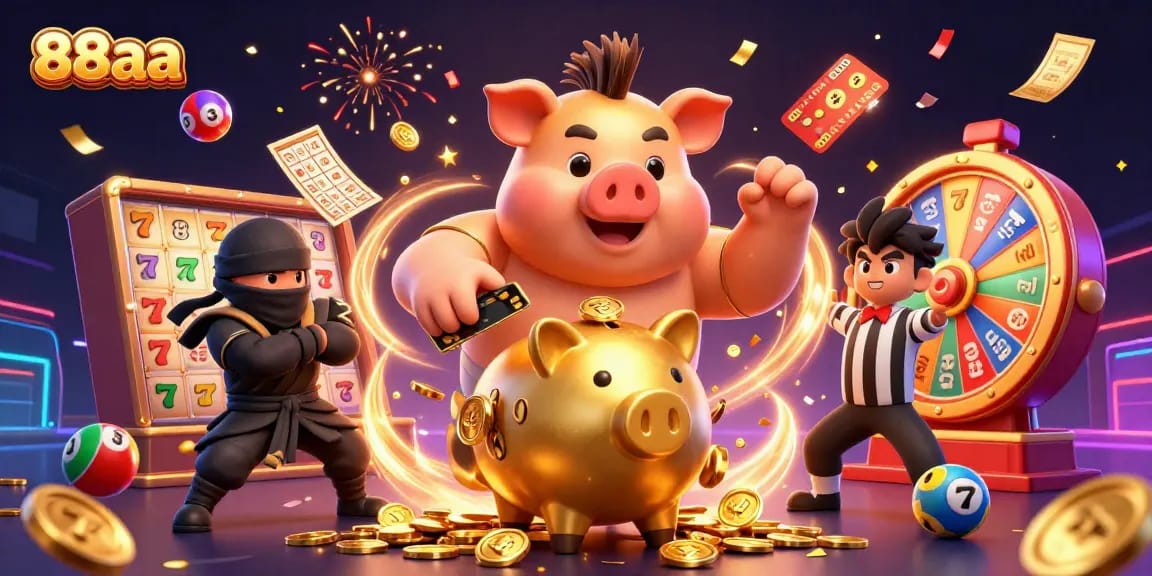 Experience the excitement of 88aa with a dynamic casino scene featuring a golden piggy bank sumo wrestler, colorful lottery balls, and more.