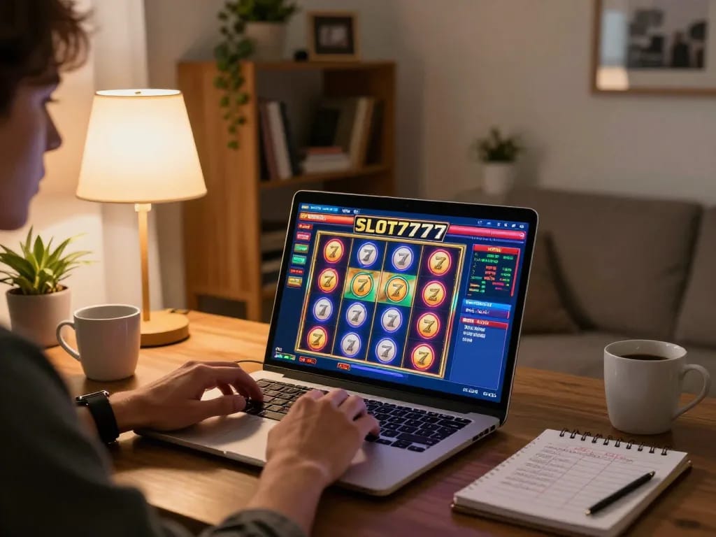 SLOT777 gaming on a laptop with vibrant slots interface in a cozy home setup