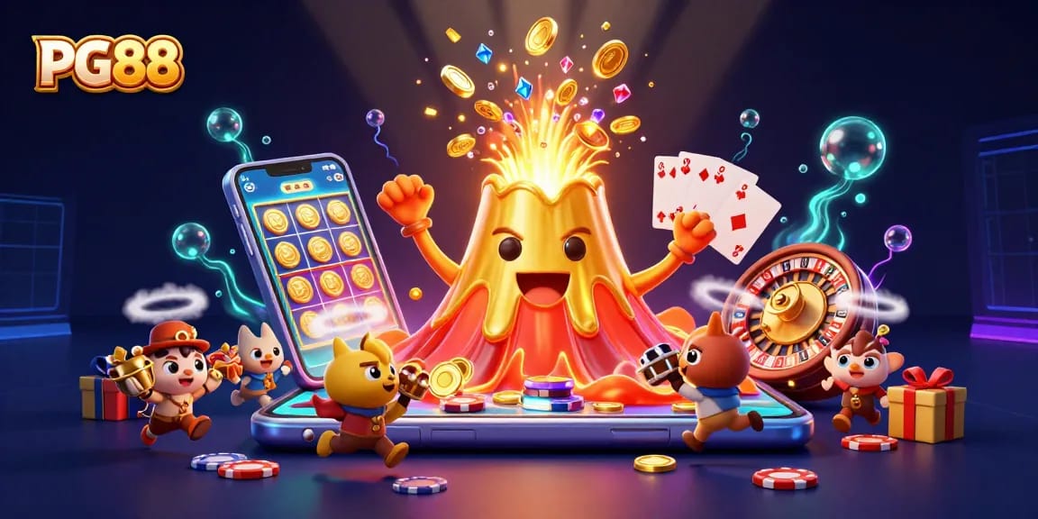 Experience exciting wins at PG88 with a golden volcano erupting treasures amidst colorful gambling elements.