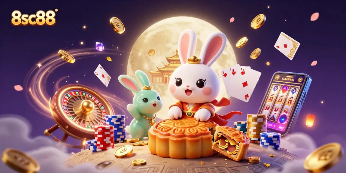 Experience the magic of 8sc88 with a captivating scene featuring the moon rabbit and casino elements.