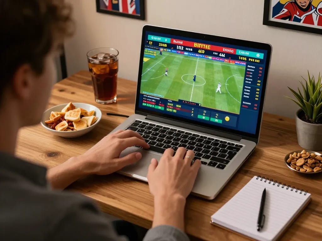Person placing bets on cm88 sports betting site, laptop displaying live odds and match stats.