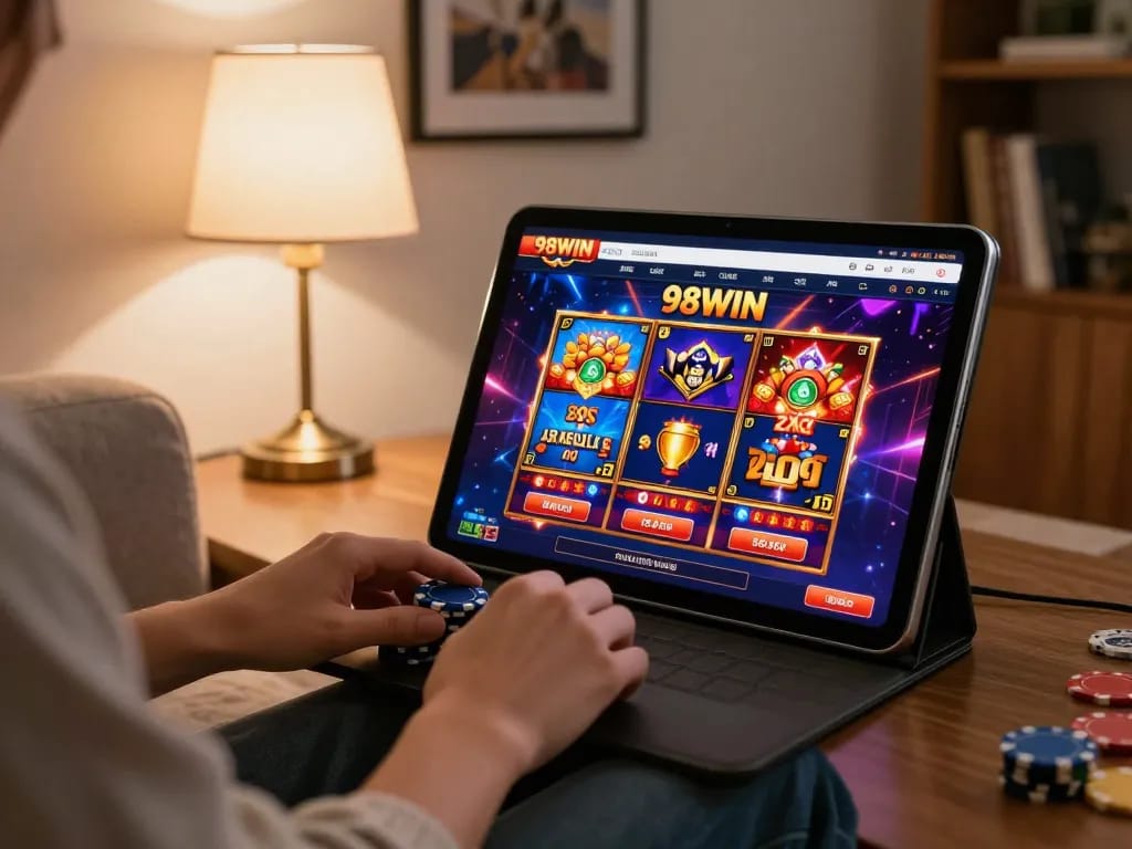 Engaging gameplay on 98WIN with vibrant slot machines showcased on a tablet in a cozy home setting.