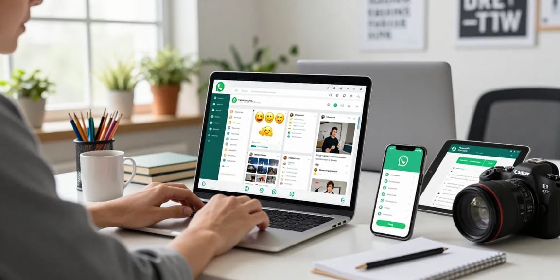 Dynamic workspace featuring WhatsApp網頁版 on laptop with chat interface and smartphone notifications.