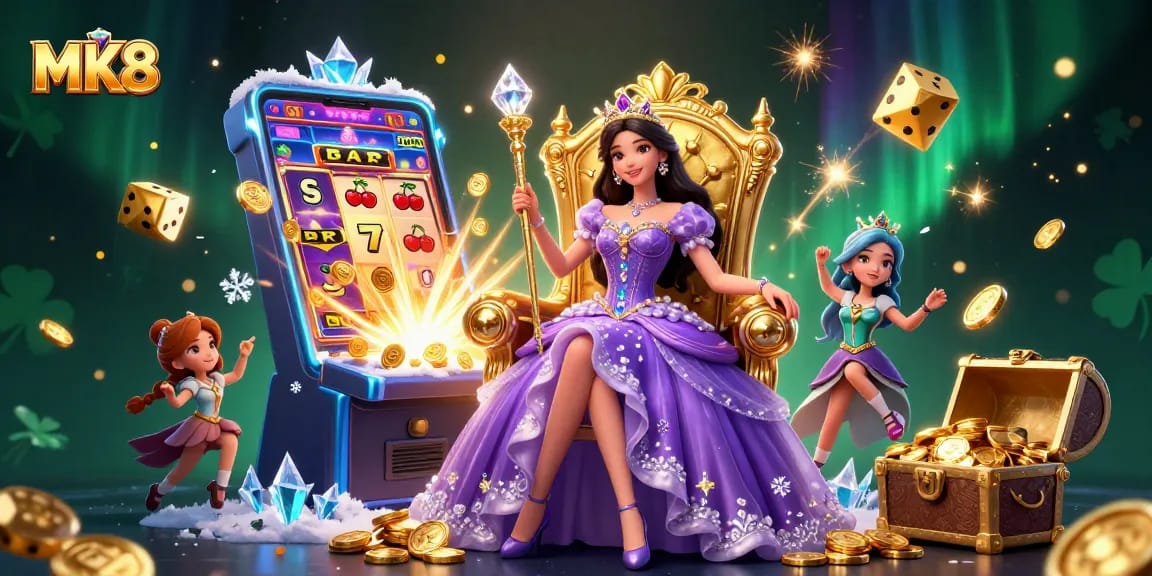 Experience the thrill of MK8 with this vibrant casino illustration showcasing a majestic character amidst a dynamic jackpot explosion.
