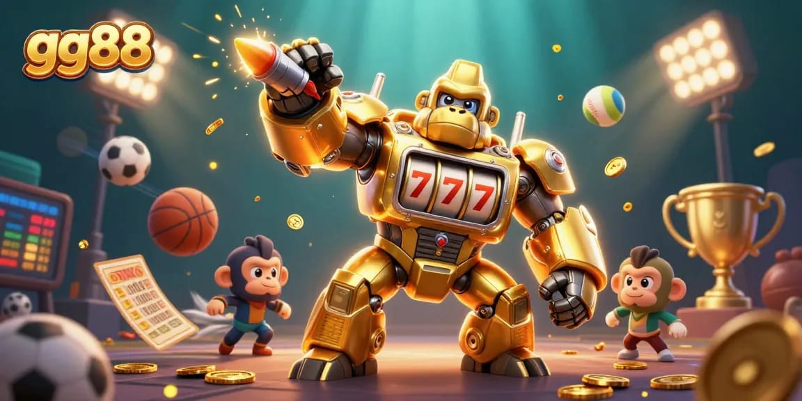 Experience thrilling action with gg88's golden gorilla mech amidst dynamic sports betting elements.