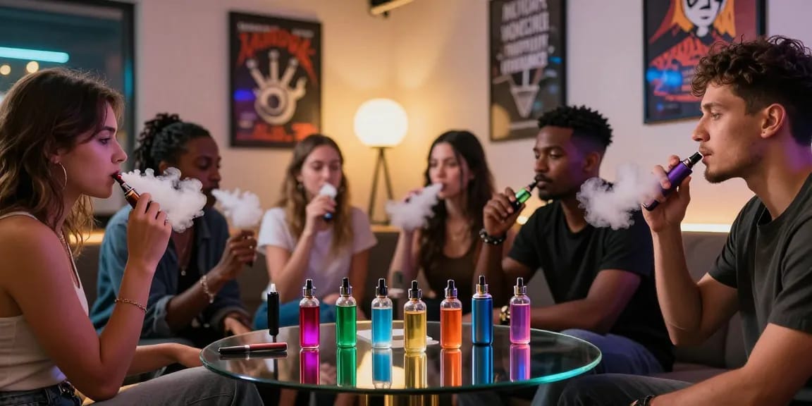 Social gathering at 蒸氣天堂, showcasing diverse vapers enjoying stylish devices and e-liquids in a modern lounge atmosphere.