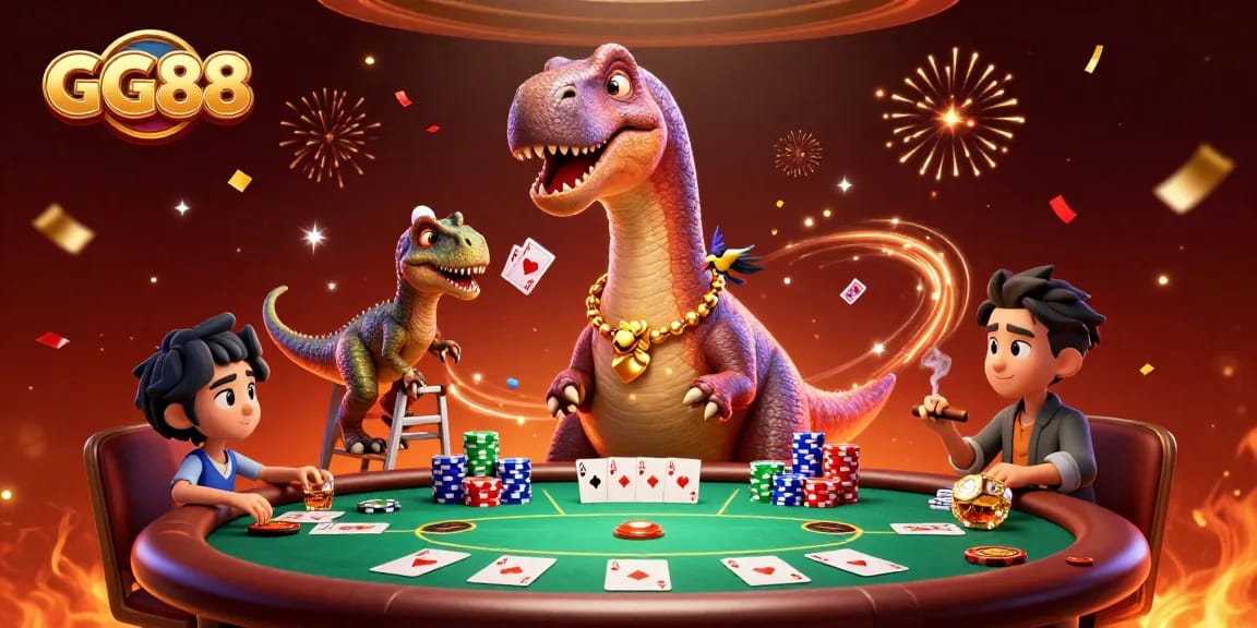 Engage with GG88 at a vibrant casino scene featuring a tall brontosaurus and clever raptor in action.