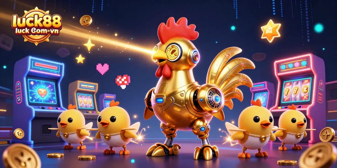 Play slots and win big at luck8com-vn with golden rooster robot and chick drones in a vibrant casino scene.