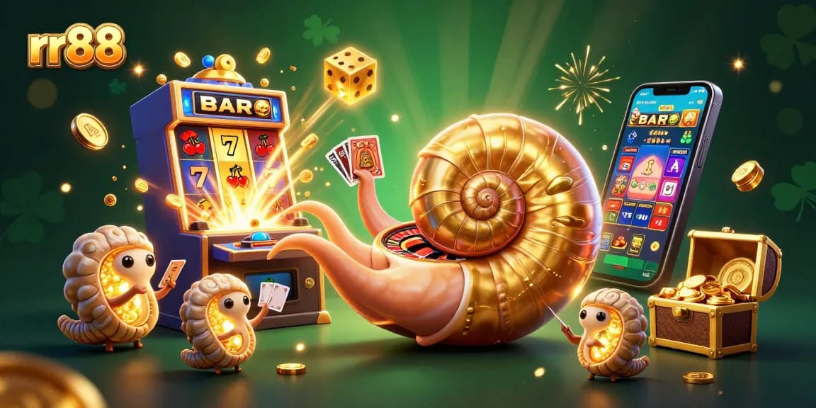 Celebrate with rr88's exciting casino games featuring a vibrant 3D illustration of jackpots and thrilling action.