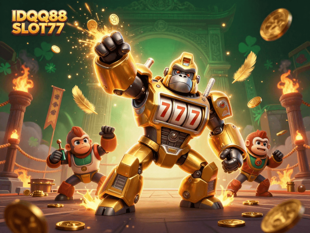 IDQQ88 SLOT77 showcases a dynamic 3D casino scene with a golden gorilla mech surrounded by vibrant gaming elements.