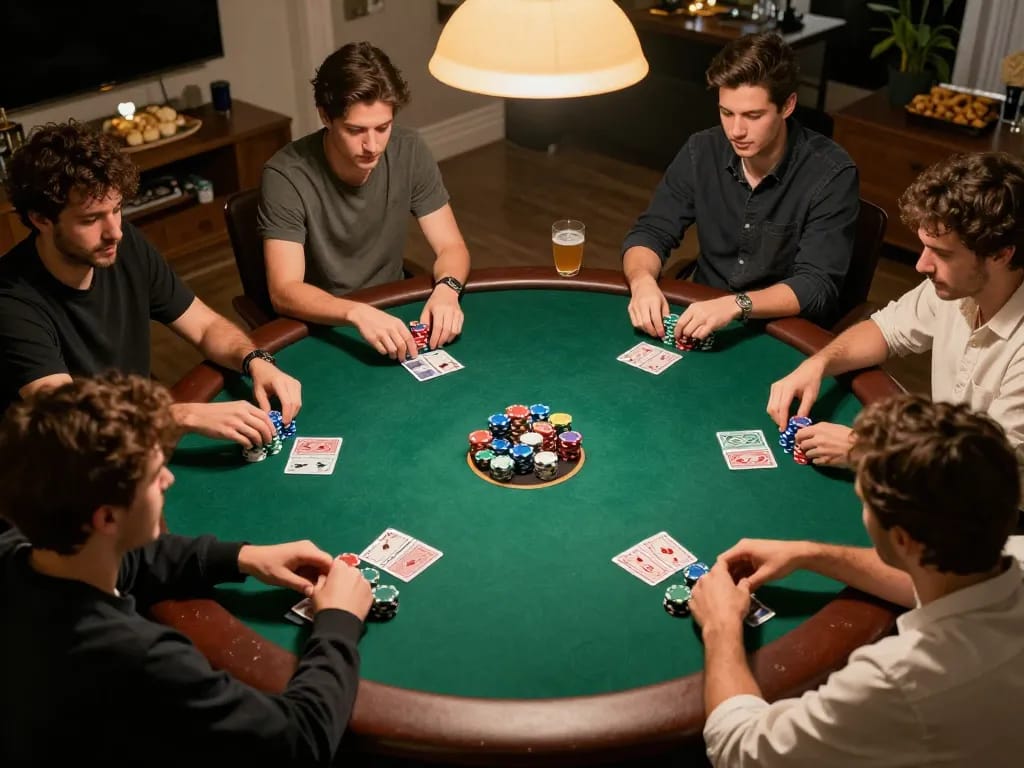 Friends enjoying a strategic poker night at home, chips stacked in front as they engage in cards focusing on mm88 gaming.