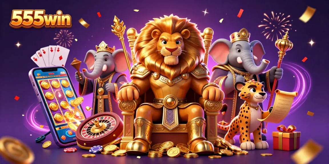 Experience thrilling wins with 555win as the fierce lion king reigns over vibrant casino elements.
