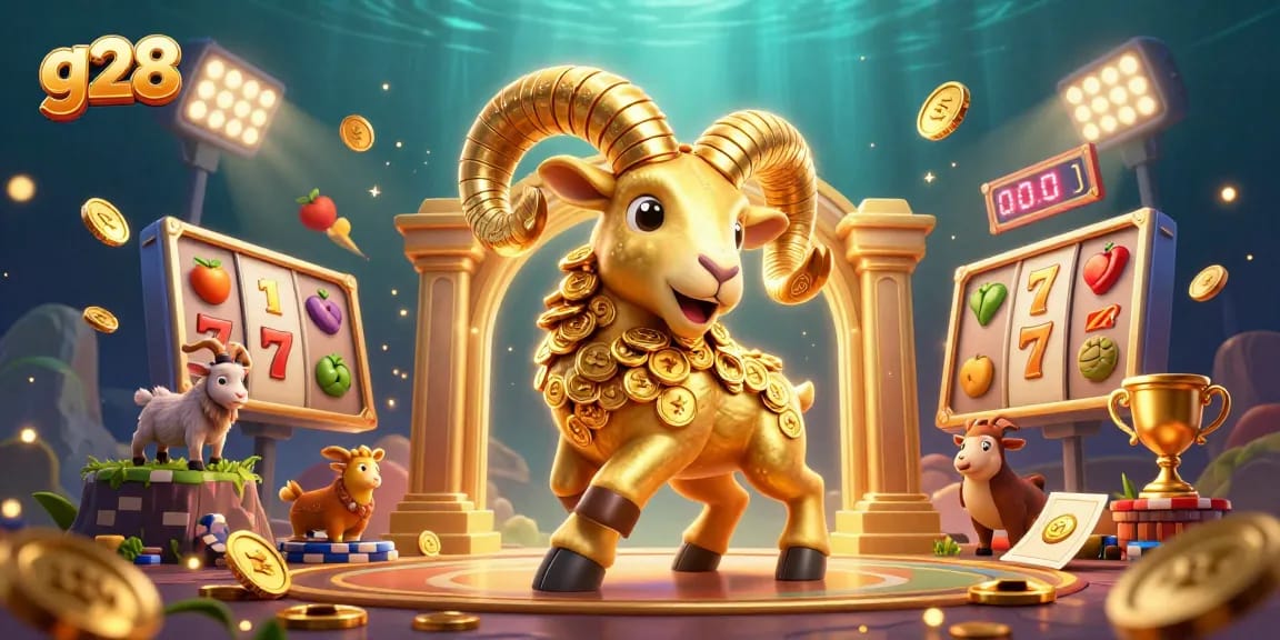 G28 showcases a thrilling slots experience with golden ram charging through a vibrant casino scene.