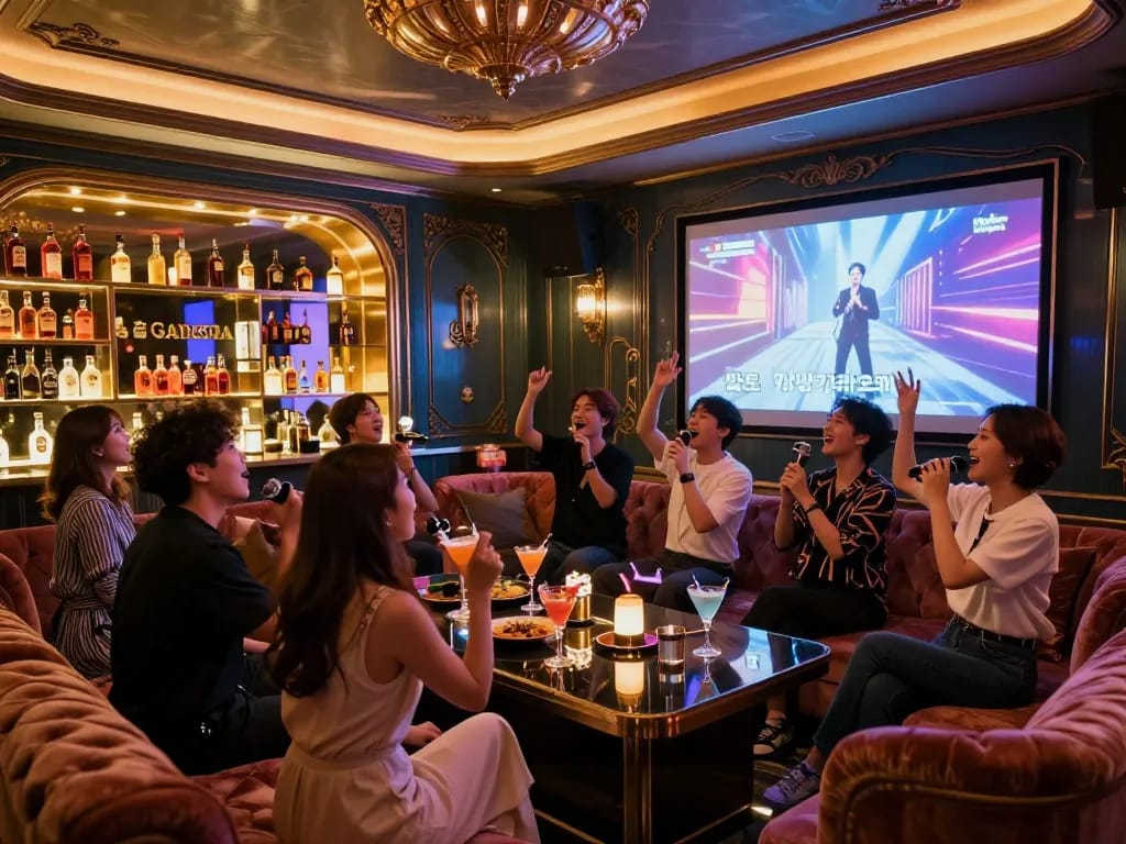 cocktail과 역동적인 비주얼이 있는 고급스러운 환경에서 노래방을 즐기는 손님들로 가득한 gangnamtune.com/runrabbit의 활기찬 분위기를 탐험해보세요.