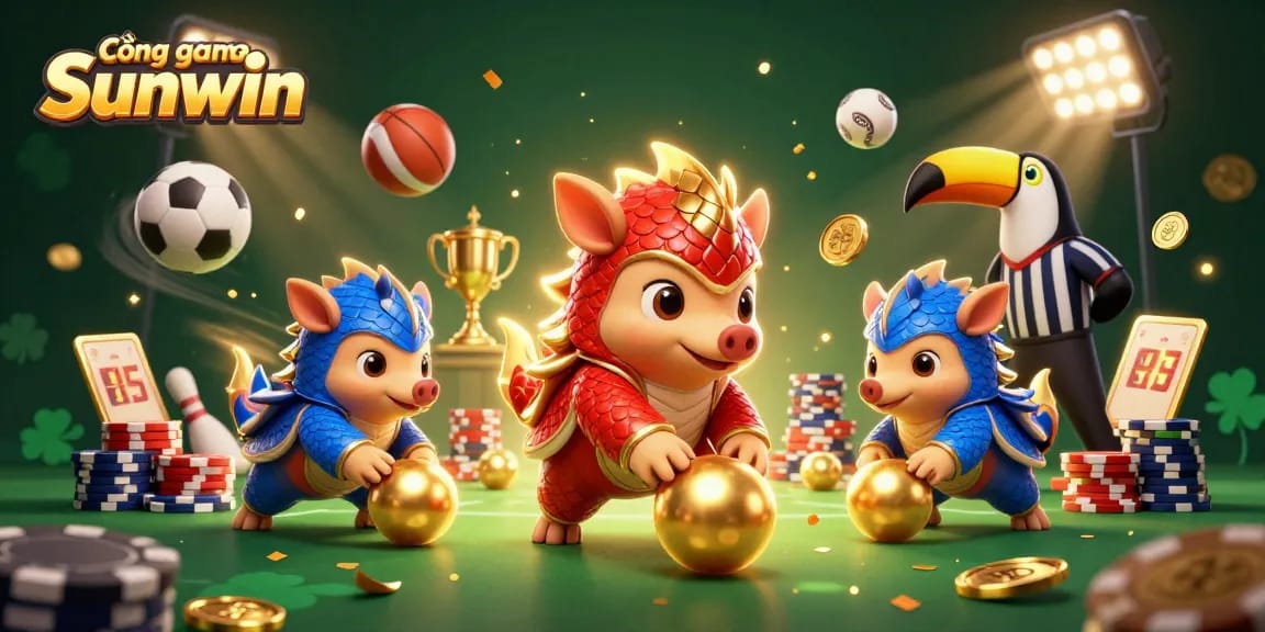 Cổng game Sunwin showcases a dynamic 3D illustration of rival pangolins rolling golden balls amidst vibrant casino elements.