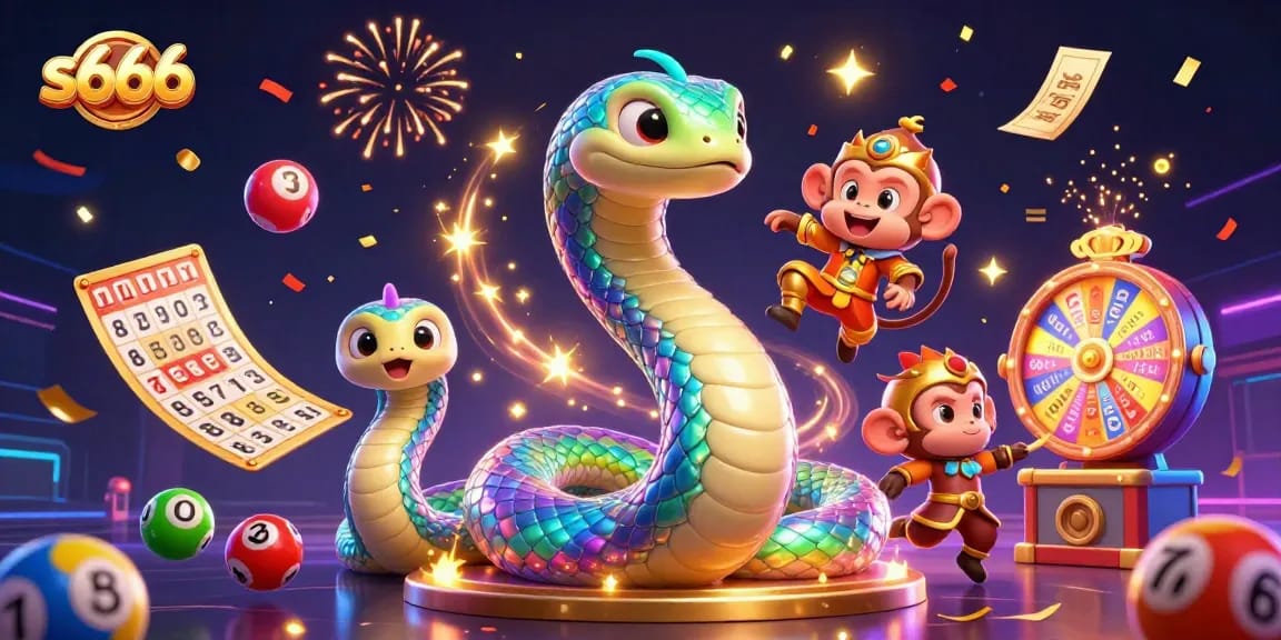 S666 offers an exciting gambling experience with vibrant lottery balls and casino elements in a colorful scene