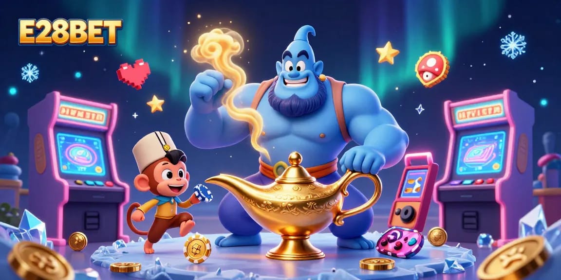E28BET offers exciting gameplay with a dynamic scene featuring a blue genie, monkey, and poker chips.