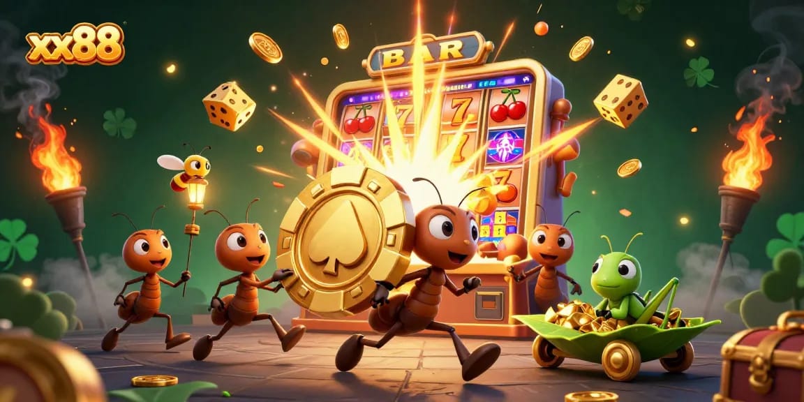 xx88 ants carrying a giant poker chip in a dynamic 3D casino heist scene