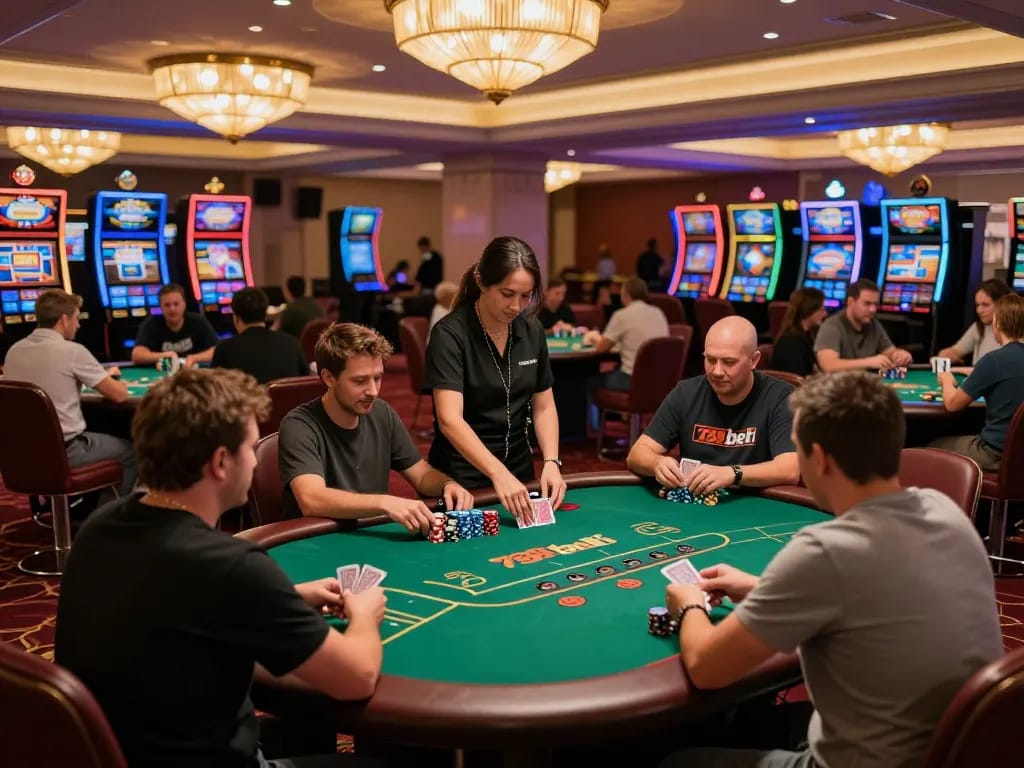 Players enjoying poker at Nhà cái 789bet, showcasing dynamic gameplay and vibrant casino atmosphere.