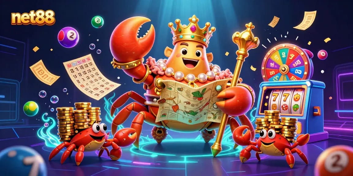 Experience net88's vibrant gambling scene featuring a golden crab emperor and colorful lottery elements.