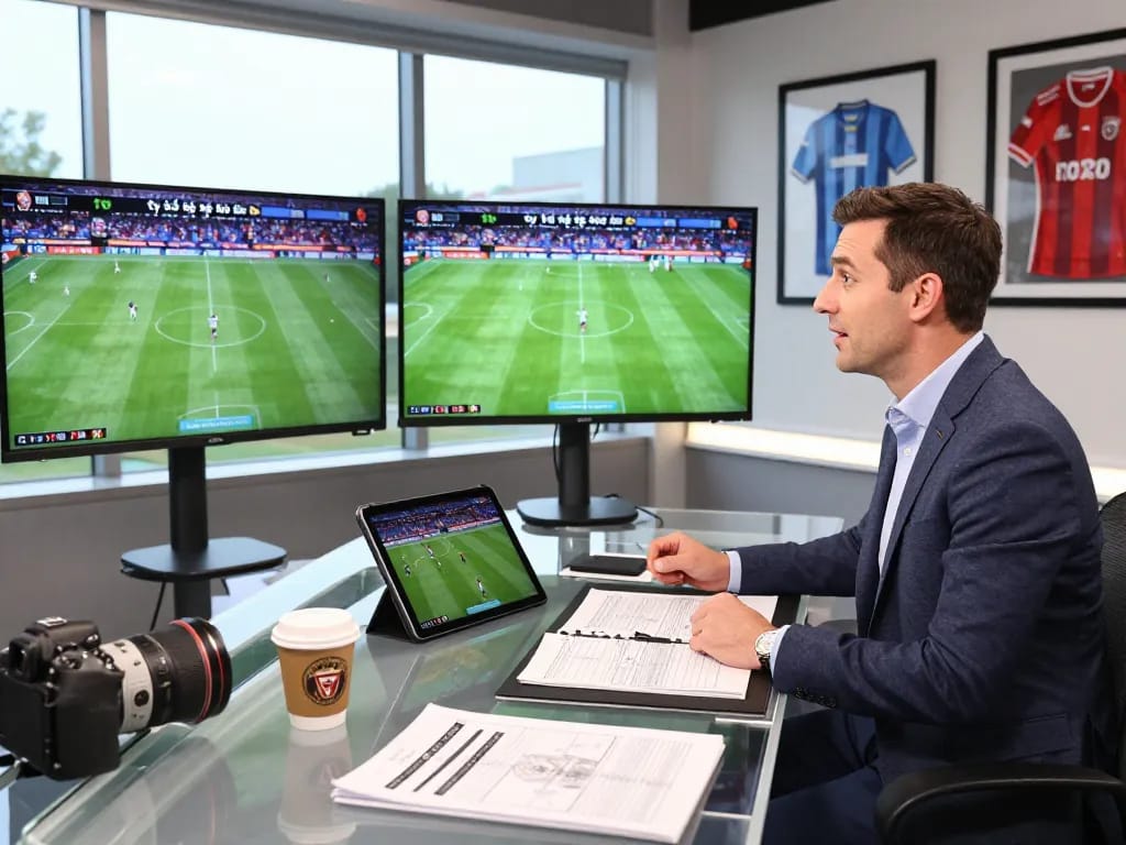 Live analysis of tỷ lệ kèo bóng đá featuring screens with match statistics and enthusiastic sports analyst.