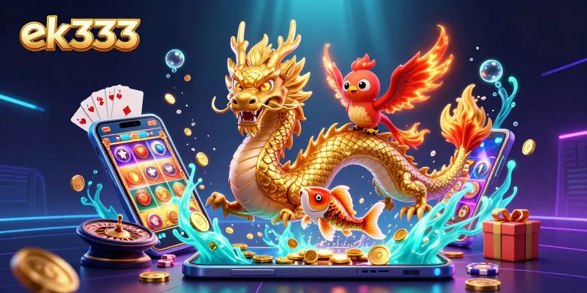 Experience thrilling moments with ek333's golden dragon, phoenix, and koi fish amid vibrant gaming elements.