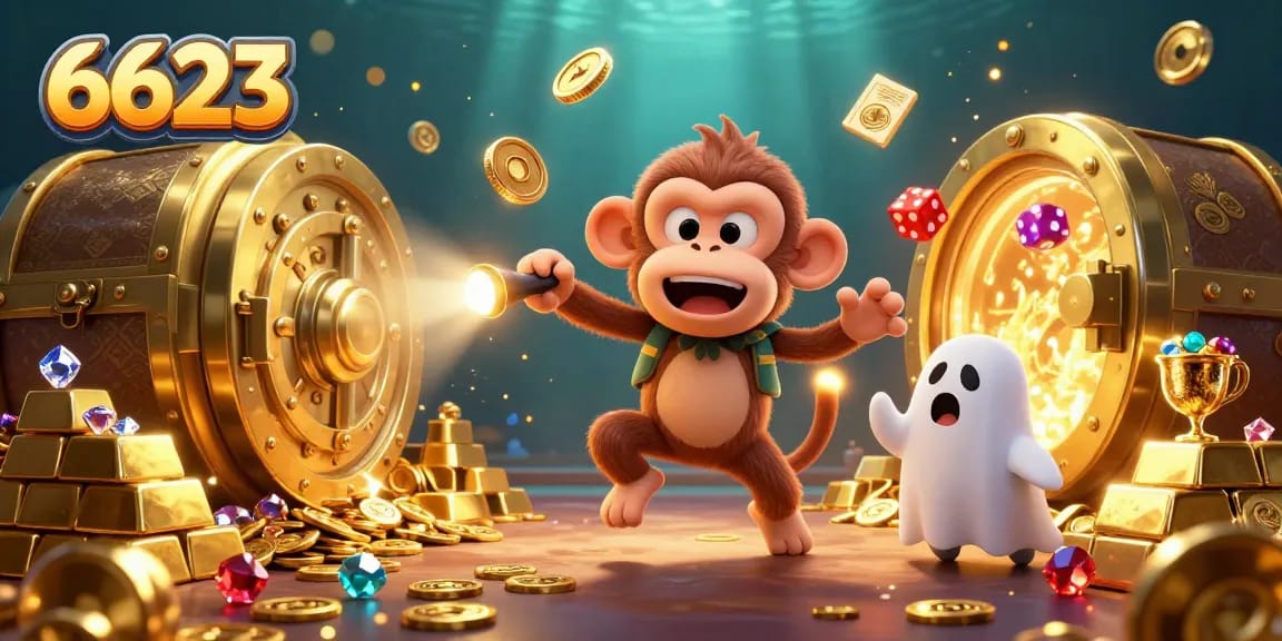 Experience the thrill of 6623 as a mischievous monkey juggles golden treasures in a haunted casino scene.