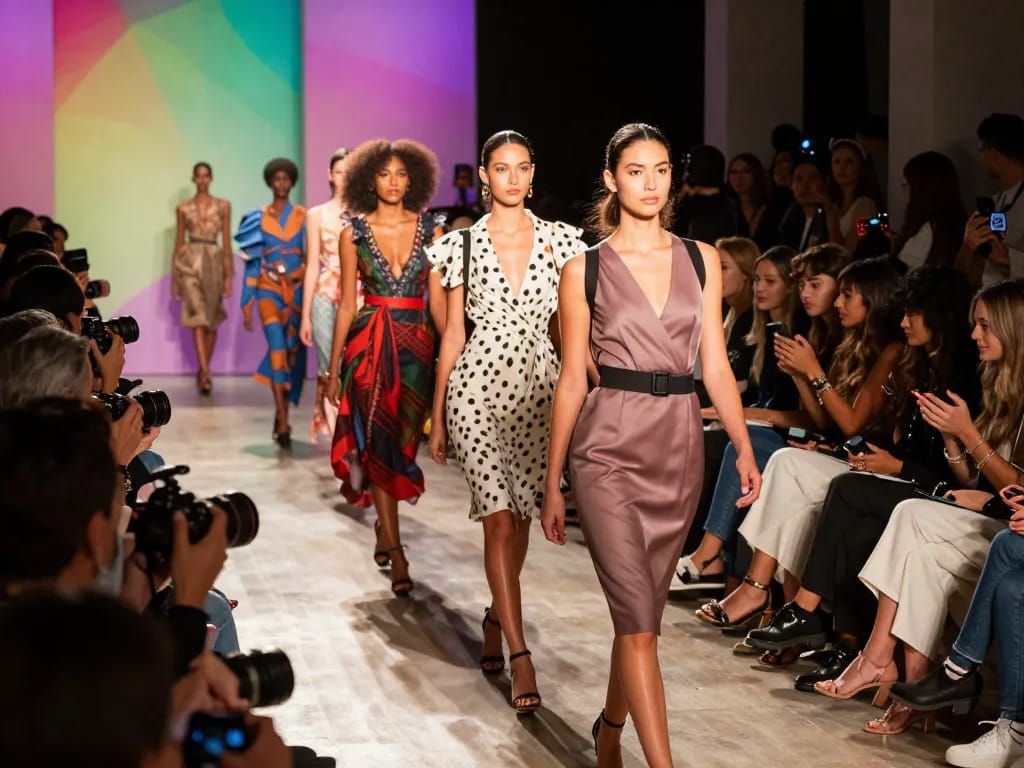 Runway show capturing models in stunning designer outfits at fashion week, showcasing vibrant energy and stylish ambiance.