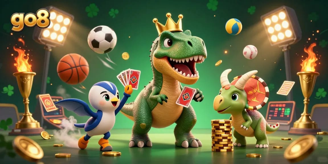 Bets and excitement in action at go8, featuring a T-Rex and friends handling cards and chips.