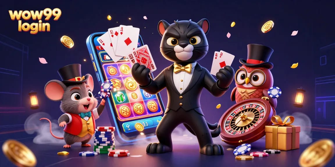 Permainan kartu menarik di WOW99 login dengan karakter kartun yang ceria di kasino virtual.