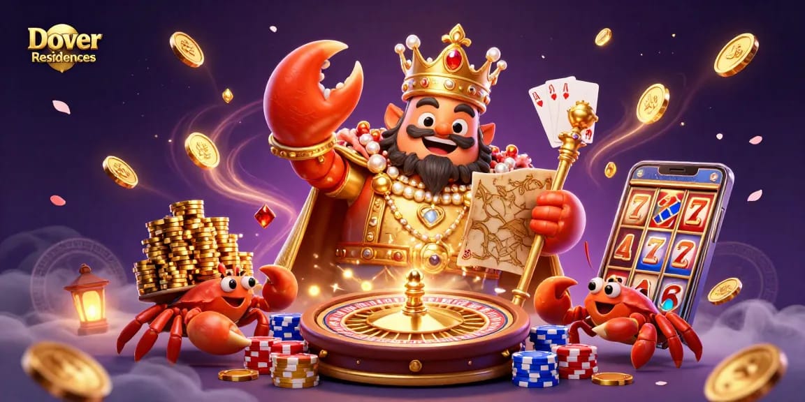 Play at Dover Residences casino as a regal crab emperor oversees a vibrant gaming scene.