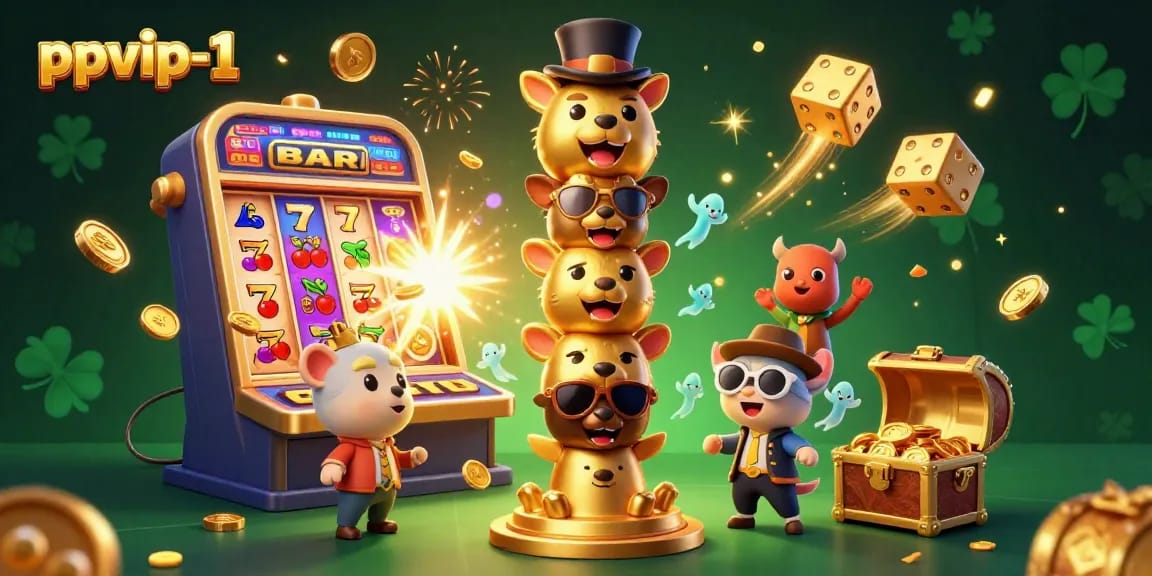 Experience gaming excitement with ppvip-1 through an immersive 3D casino illustration filled with vibrant characters and thrilling elements.