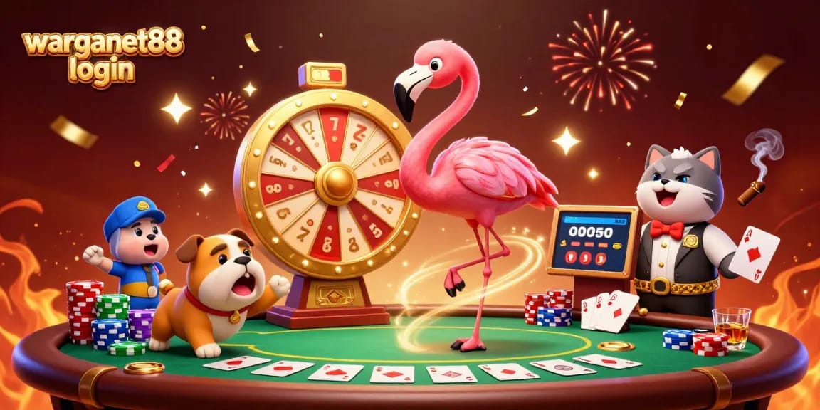 Experience excitement with warganet88 login as a flamingo host spins a golden prize wheel in 3D illustration.