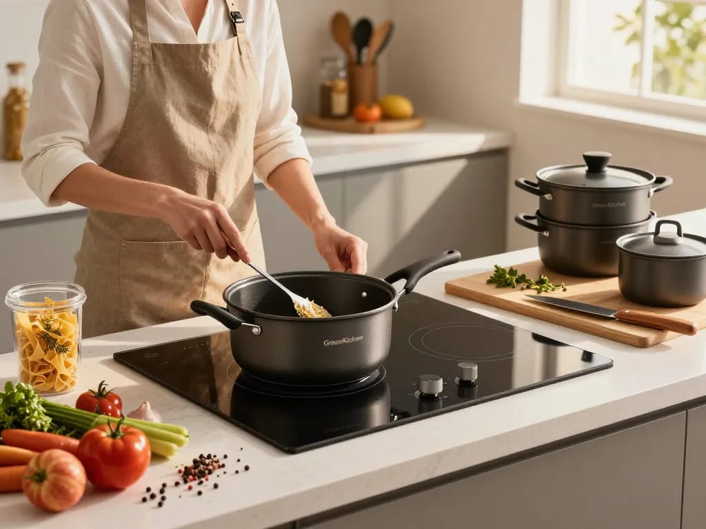 Bester kochtopf für induktion, der in einer modernen Küche während der Zubereitung von Mahlzeiten verwendet wird und die innovative Kocheffizienz von GreenKitchen zeigt.